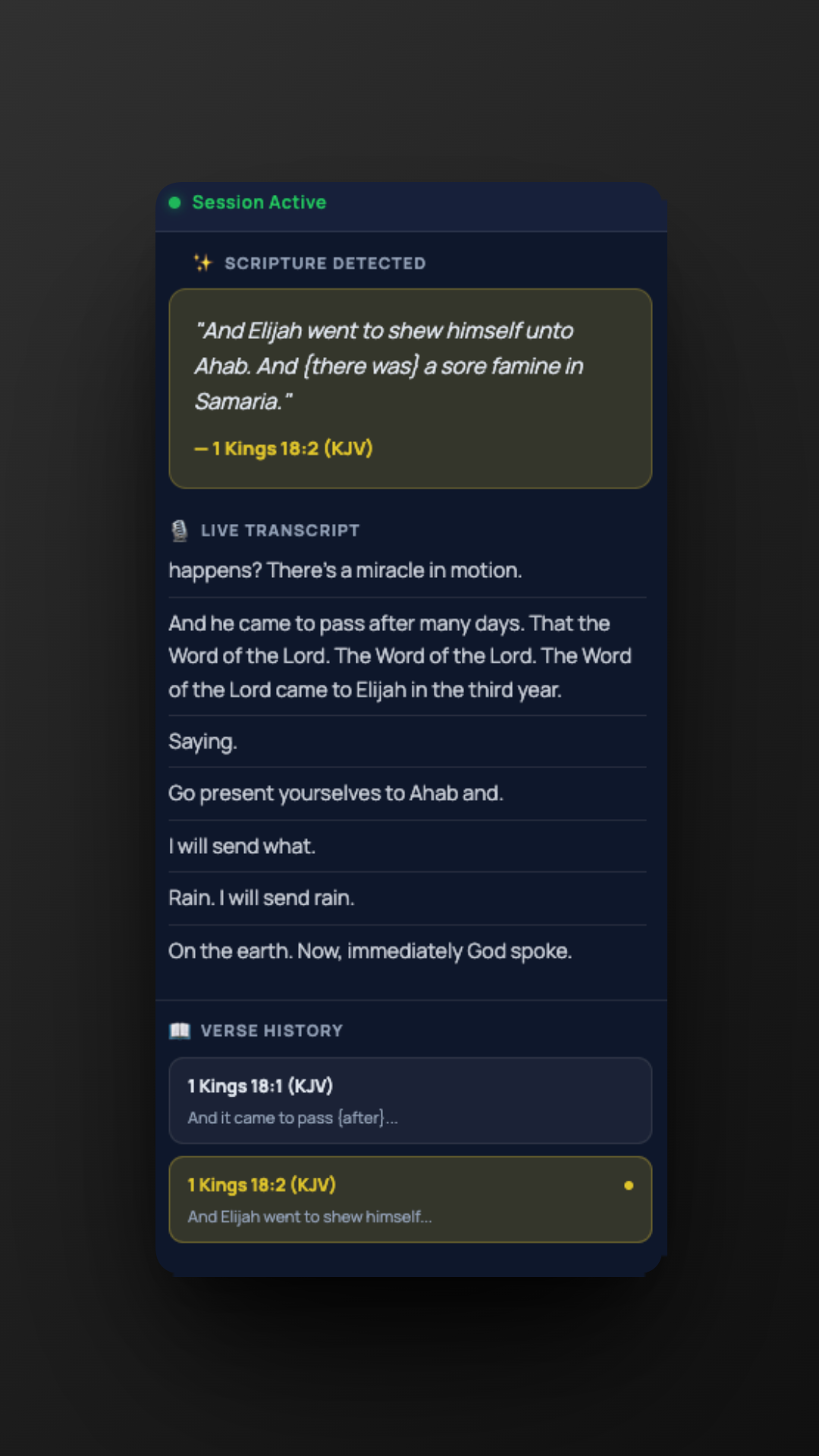 Side panel showing live transcript and detected verses